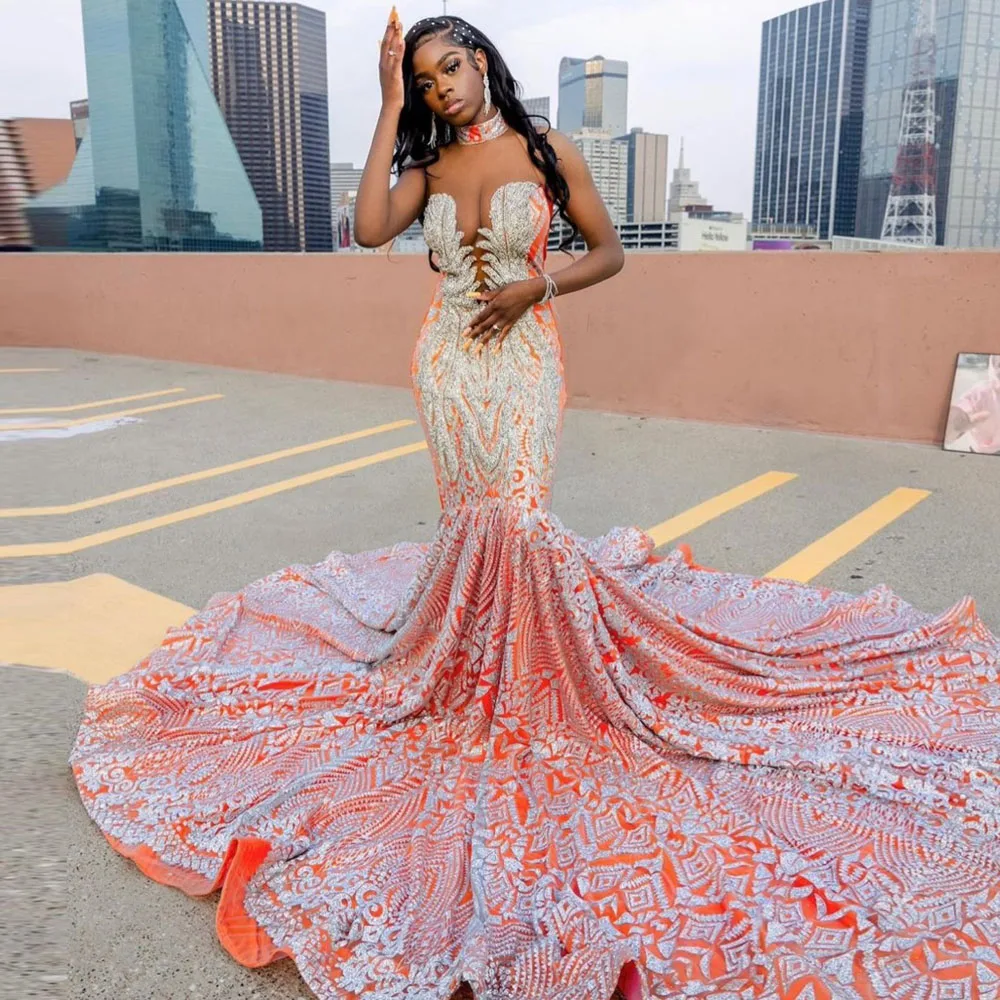 

Orange and White Geometric Floral Fish Tail Dress Strapless Lace-Up Front Elegant Mermaid Evening Gown for Formal Special Occasi