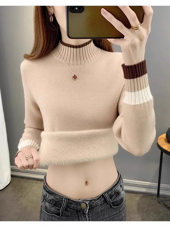 여성용 기모 안감 하이넥 니트 따뜻한 니트 상의 내의 터틀넥 풀오버 스웨터