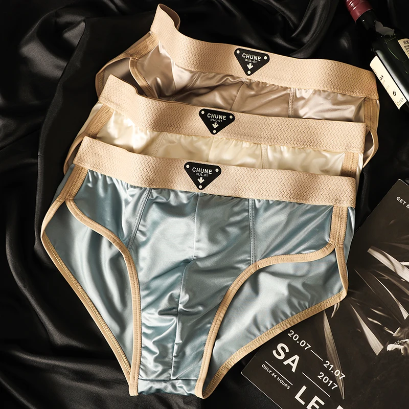 3-pack luxury ice silk satin men's briefs youth sports men's underwear breathable fashionable briefs solid color cool underpants