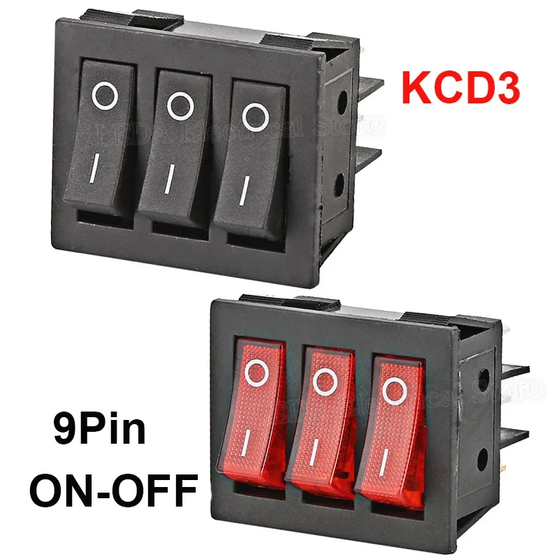 2Pcs KCD3 Boat Car Rocker Switch ON-OFF 2 Position 9 Pin KCD3-303 Black Red Triple Light Switch Button 34*40mmBoat Car