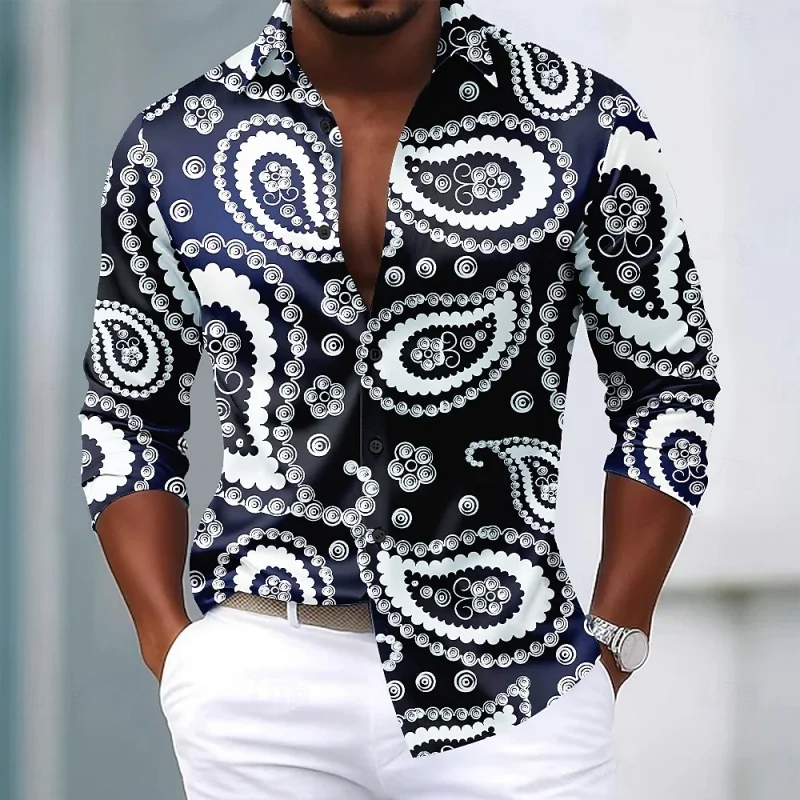 

Модная мужская рубашка с длинным рукавом, рубашка с воротником с принтом в этническом стиле, удобная дышащая повседневная рубашка свободного покроя