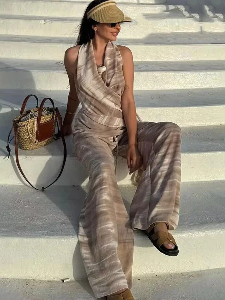 طقم بلوزة نسائية كاجوال كاجوال نسائية عارية الظهر مصبوغة بربطة عنق عتيقة بياقة على شكل V، بلوزة أنيقة برباط برباط عالي الخصر ببنطلون واسع الأرجل