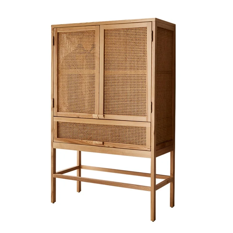 

Wardrobe solid wood rattan locker, Nordic small apartment living room dining side, storage cabinet