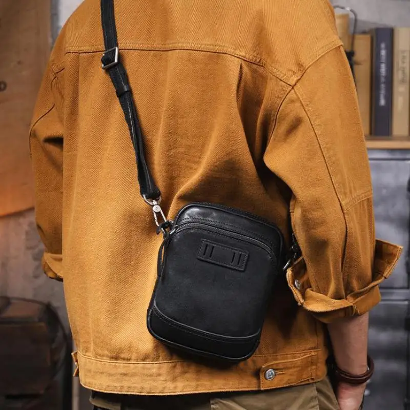 casual handmade vegetable tanned cowhide men's black shoulder bag weekends daily luxury genuine leather small crossbody bag