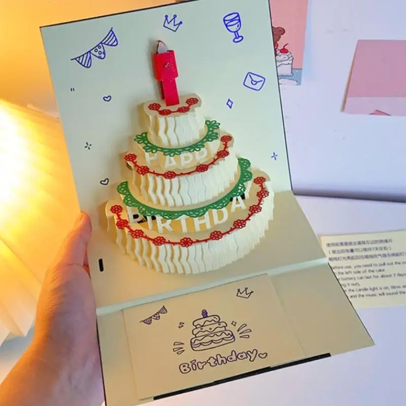 Unique 3D Musical Birthday Cake Card 3D Musical Greeting Card With Blows Out LED Design for Birthday Decoration