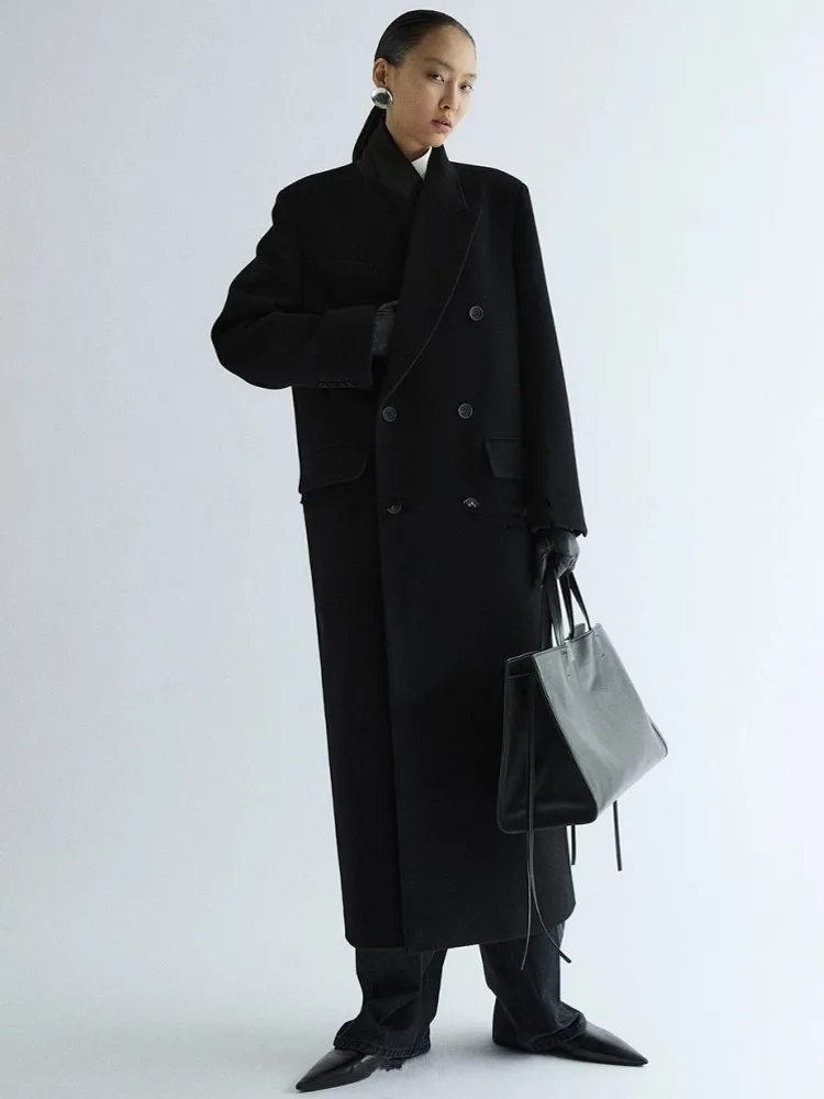 Women Winter Long Wool Coat Loose Fit Double Breasted Woolen Blends Trench Office Ladies Work Windbreaker Fashion Vintage Coats
