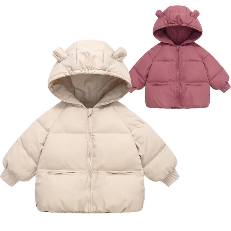 2026 Winter New Keep Warm Girls Jacket Solid Color Thick Padded Hooded Coat For 2 To 6 Years Old Kids Children Birthday Present