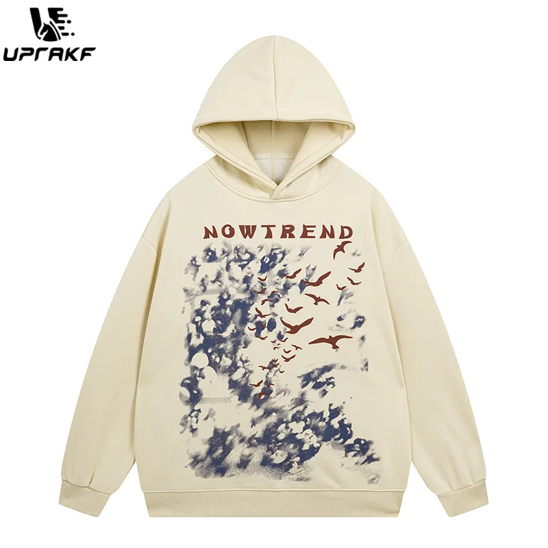 UPRAKF Bird Graphic Vintage Hoodie Streetwear High Quality Hip Hop Fashion Casual Tops Pullovers Long Sleeve