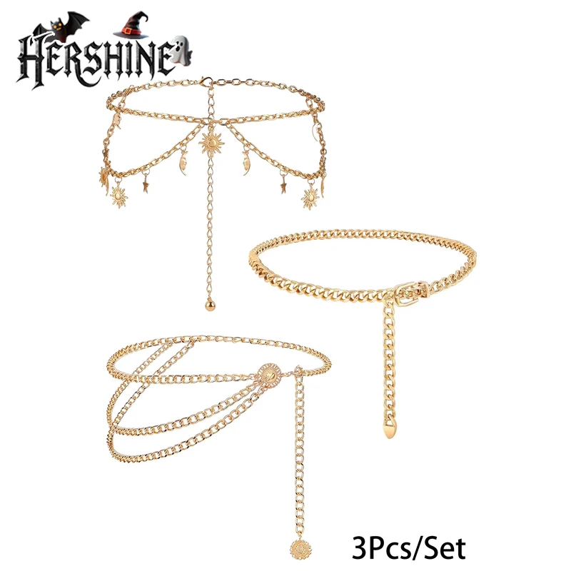 Hershine 3-Piece Set of Women's Fashionable Solid-Color Metal Waist Chains, Elegant and Sexy Dress Accessories, Spring, Summer