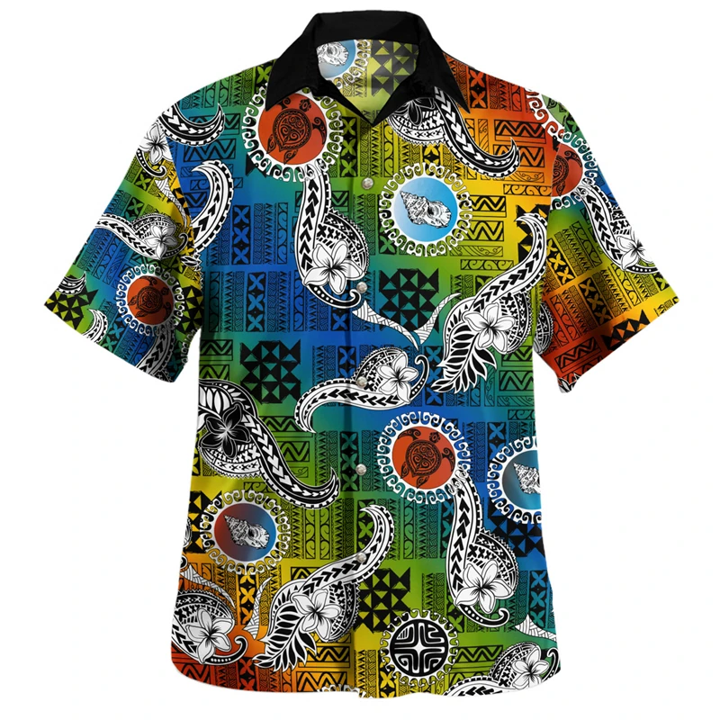 Polynesia Men's Turn-Down Collar Shirt With Pocket Samoan Tribal Ethnic Men's Tops Shirt Hawaiian Casual Shirt Ropa Hombre Tops