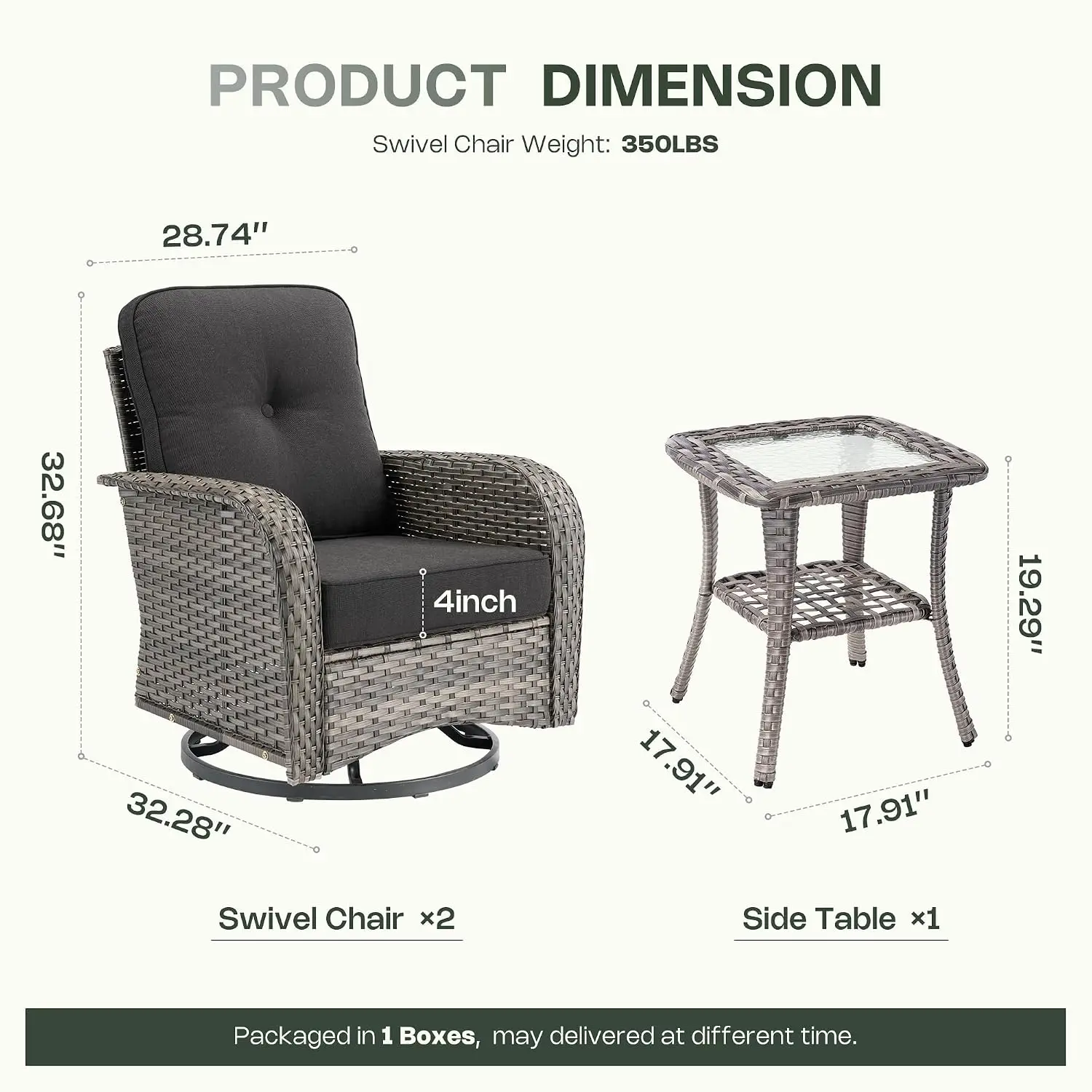 3-Piece Wicker Patio Set with Swivel Rocker Chairs & Table, Rattan Conversation Set for Porch Balcony Garden, Customized