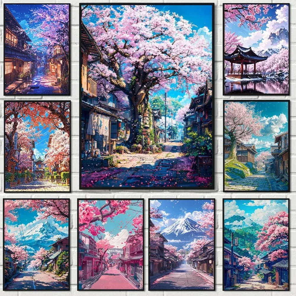 1 Stück Rahmenloses Japanisches Sakura-Dorf Poster Straßenansicht des Bergs Fuji Leinwandgemälde Wandkunst für Wohnzimmer Heim-Wanddekoration
