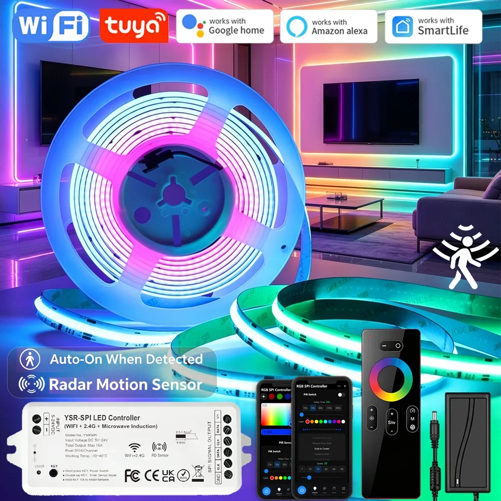 Tuya WIFI WS2812B RGBIC COB LED Strip Light Tape Addressable WS2811 IC Flexible RGB Neon LED Light PIR Motion Sensor for Google