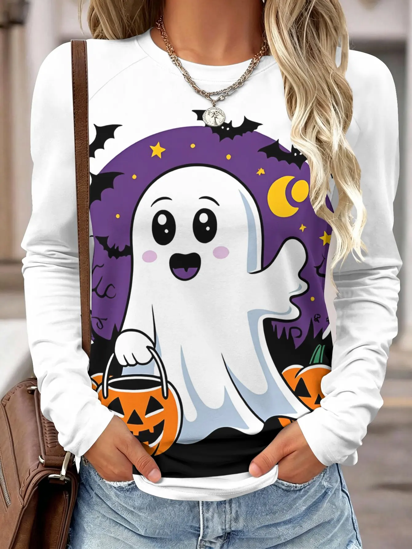 Women Long Sleeve T-shirt Round Neck Halloween Black Cat Star Moon Print Casual Tops Autumn Fashion Daily Wear Women's Clothes view 2