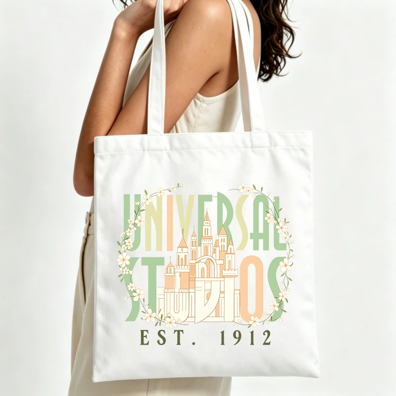 castle and floral wreath letter print canvas tote bag, vintage style for daily shopping and casual outings