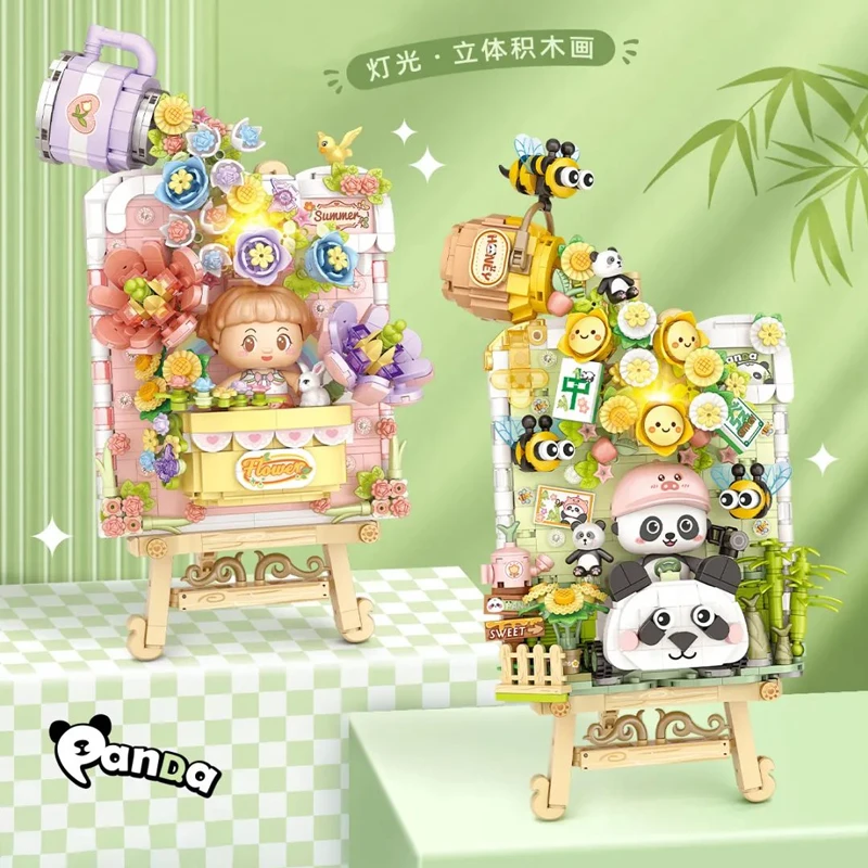 LOZ Panda 3D Painting Succulent Flowers Painting Building Block Toys With Lighting Desktop Decoration Puzzle Brick Gift