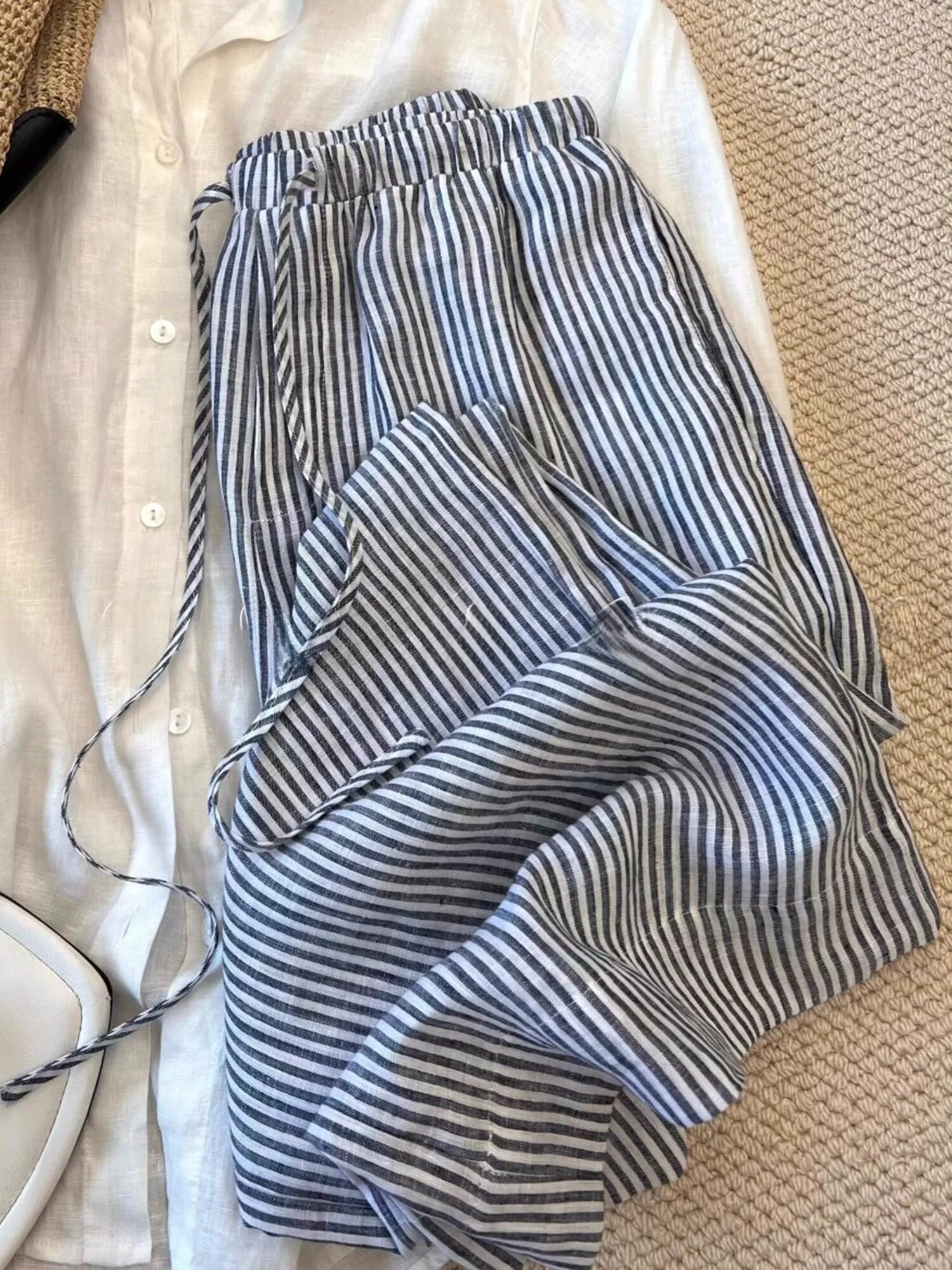

Blue High Waist Wide Leg Pants Women's Summer 2026 New Slimming Casual Pants Casual Style Striped Pattern Loose Fit Trousers
