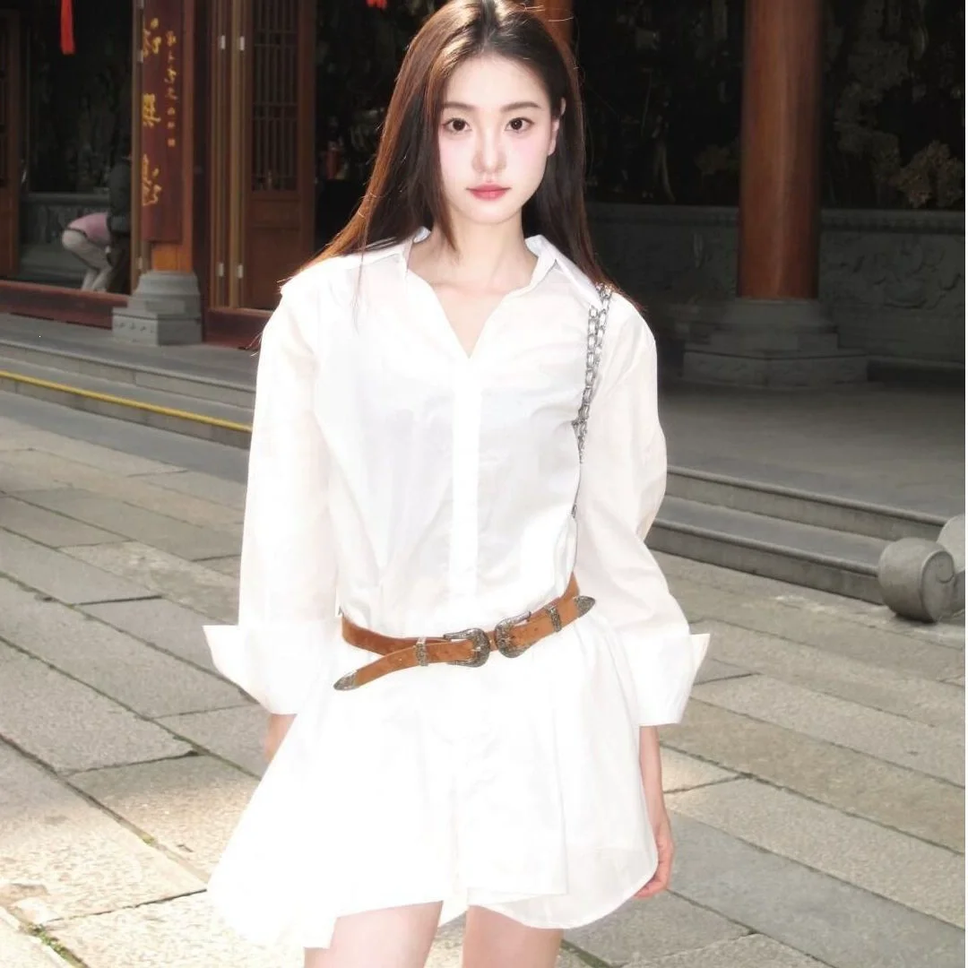 Women's White Two Piece Set Shirt Blouse Top and Shorts with Belt V Neck Long Sleeve Flare Cuff Casual Elegant Outfit