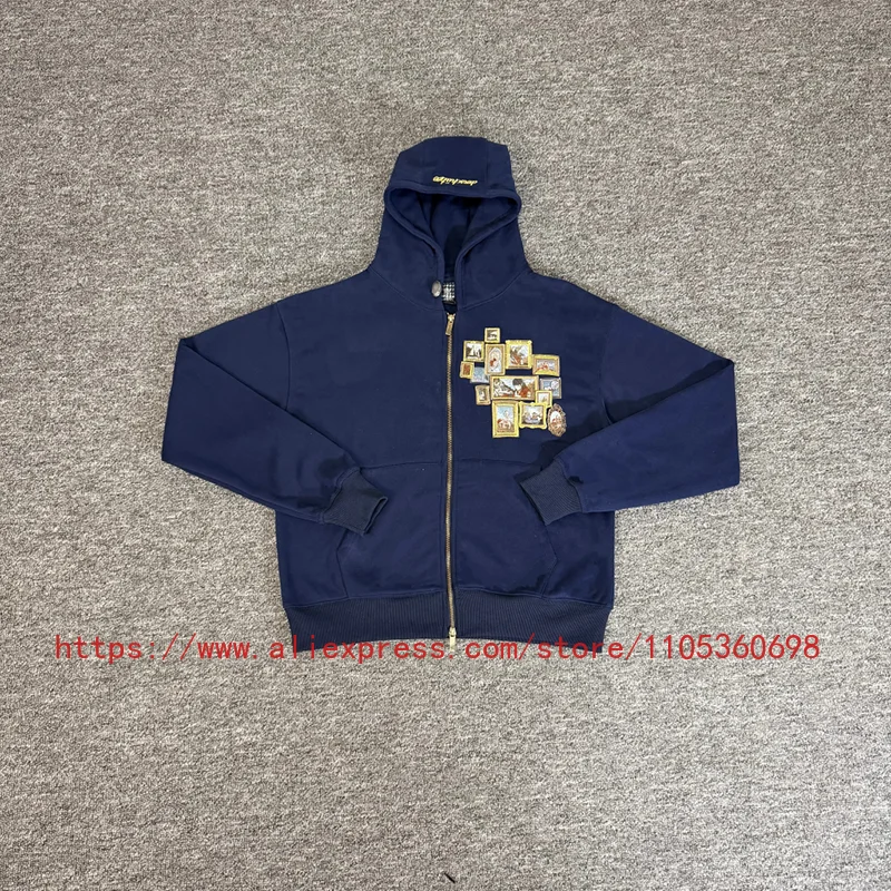 Real Photo DERSCHUTZE Men's Navy Zip Up Hoodie Vintage Photo Frame Patch Embroidery Pocket Streetwear Loose Hooded Sweatshirt