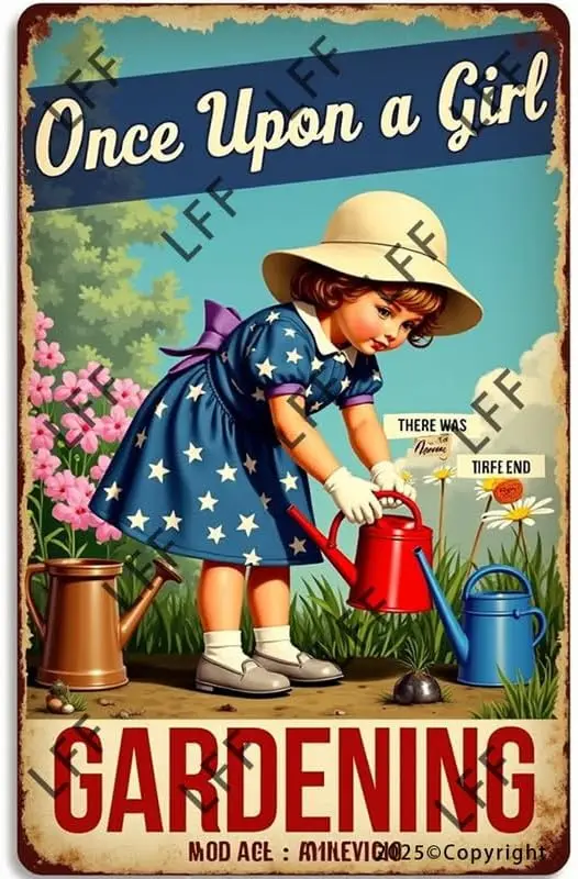 1x,XJPXFQ Retro Metal Tin Sign, A Vintage Garden Poster With A Little Girl Watering Flowers Home Bar Shop Decorations Coffee Vin