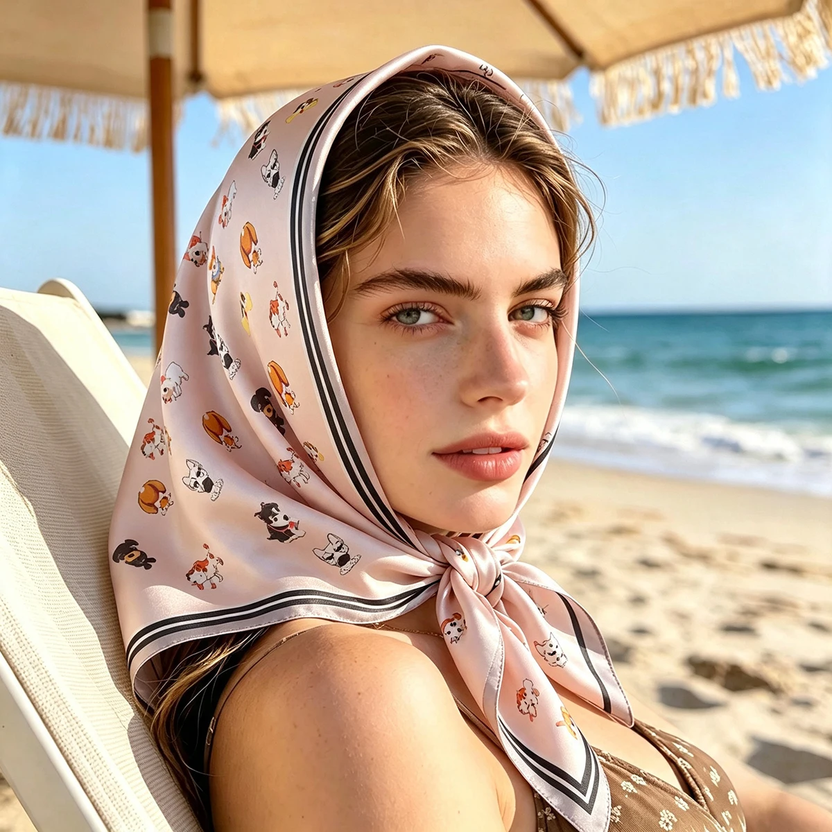 2026 Spring Summer New Dog Print Designer Women's Satin Scarf 70cm Square Shawl Headband Hijab Bandana Wrap Fashion Accessory