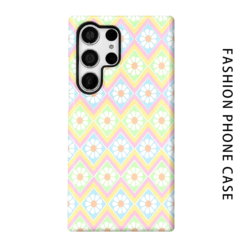Pastel Daisy Checkerboard Phone Case for For Samsung Galaxy S26 S25 S24 S23 S20 FE A56 A36 Ultra Glossy HD Hard Cover Film Shell