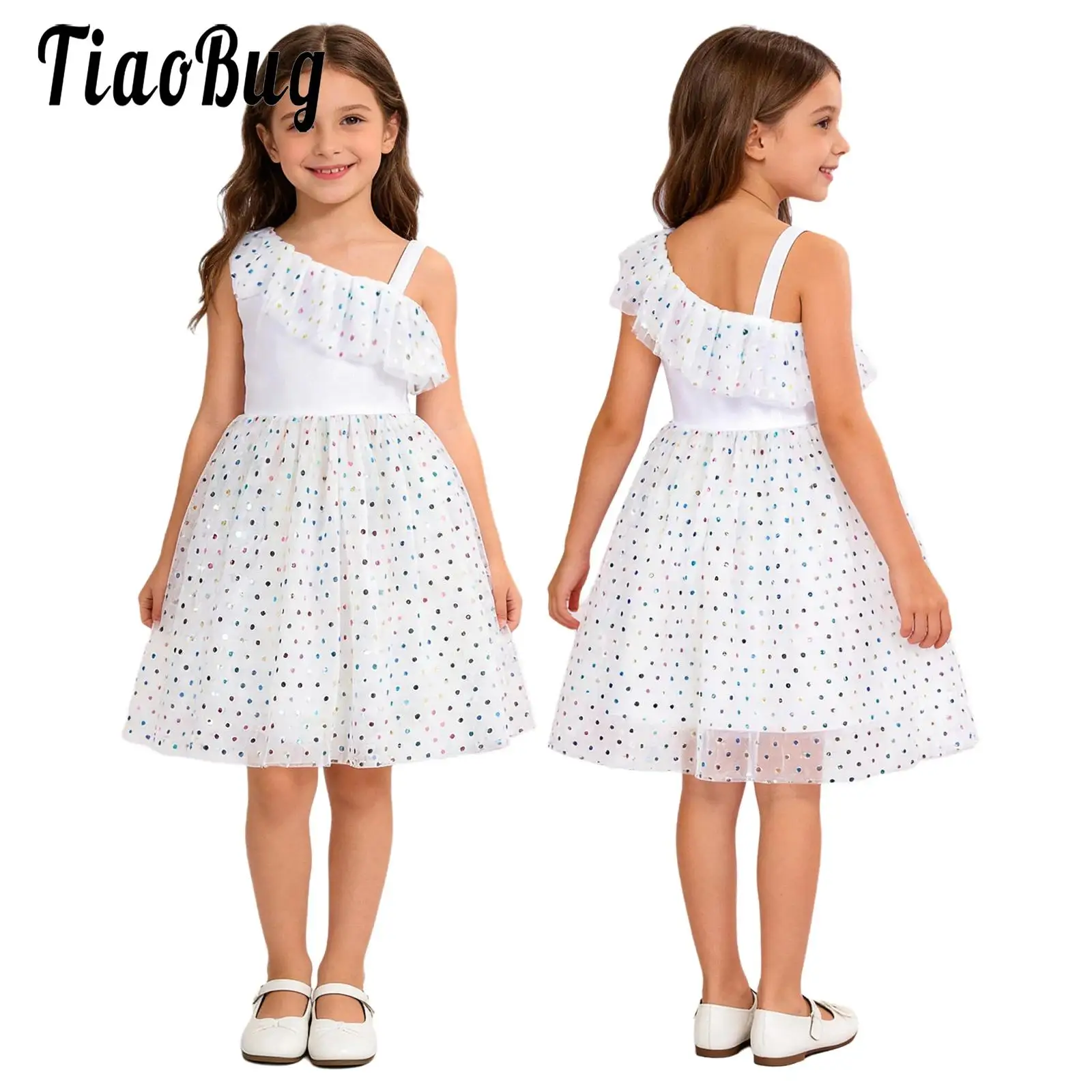 

Kids Girls Elegant Princess Dress Dance Tutu Dresses Asymmetrical Sleeves Shiny Sequin Tulle Hem Party Gown for Birthday Wedding