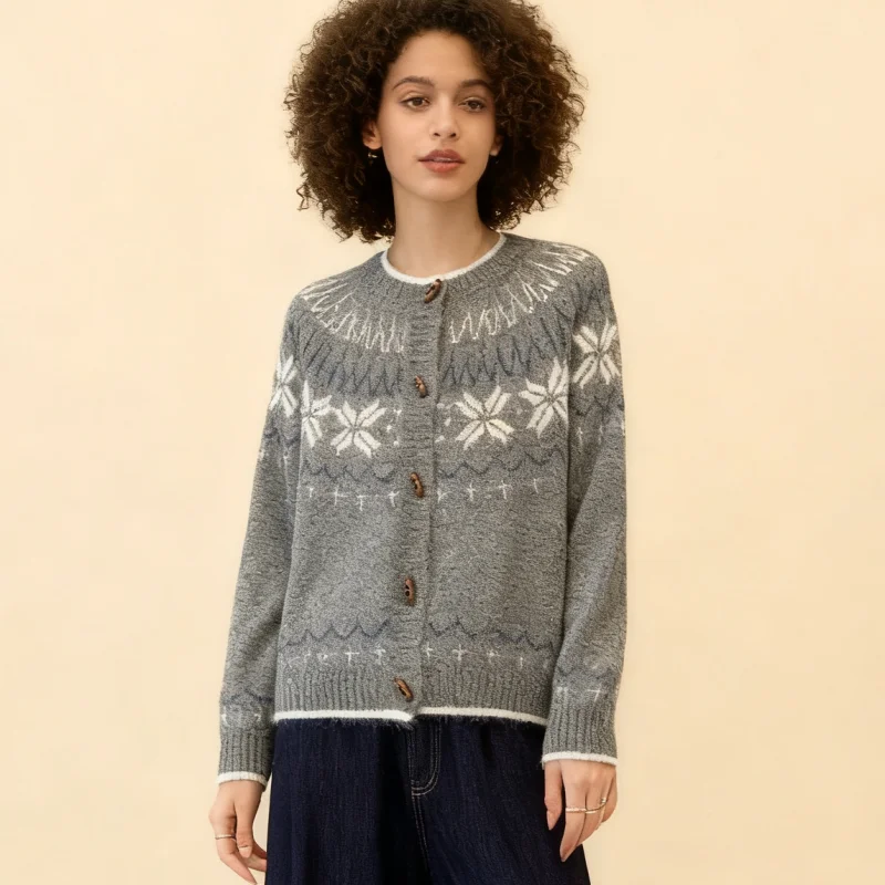 

Autumn Fashion Long Sleeve Knitted Jackets Winter O Neck Loose Jacquard Cardigan Sweater Elegant Versatile Casual Clothes 12