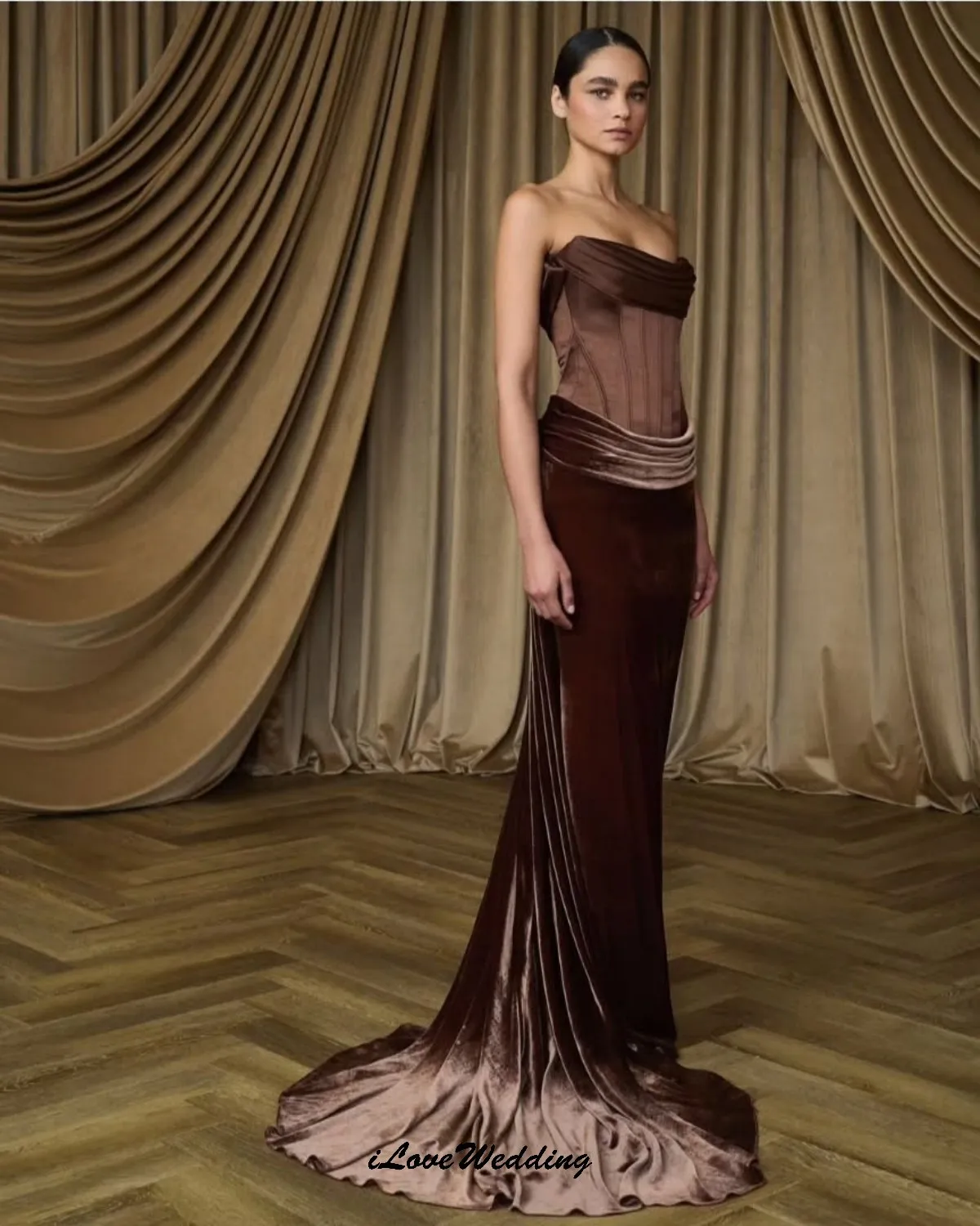 

Коричневые вечерние платья без бретелек с русалкой, 2025 Элегантное женское вечернее платье, бархатное платье с рюшами и вырезом лодочкой, со шлейфом, гала-концерт по индивидуальному заказу