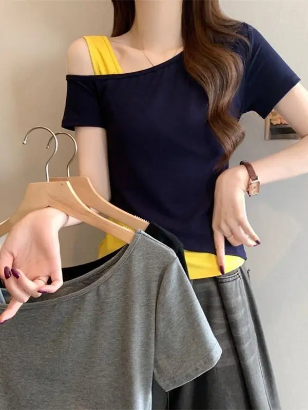 

Faionable Color Blo oulder Bared Fake двухсекционная футболка женская облегающая летняя новинка Sle модный пикантный топ для девочек