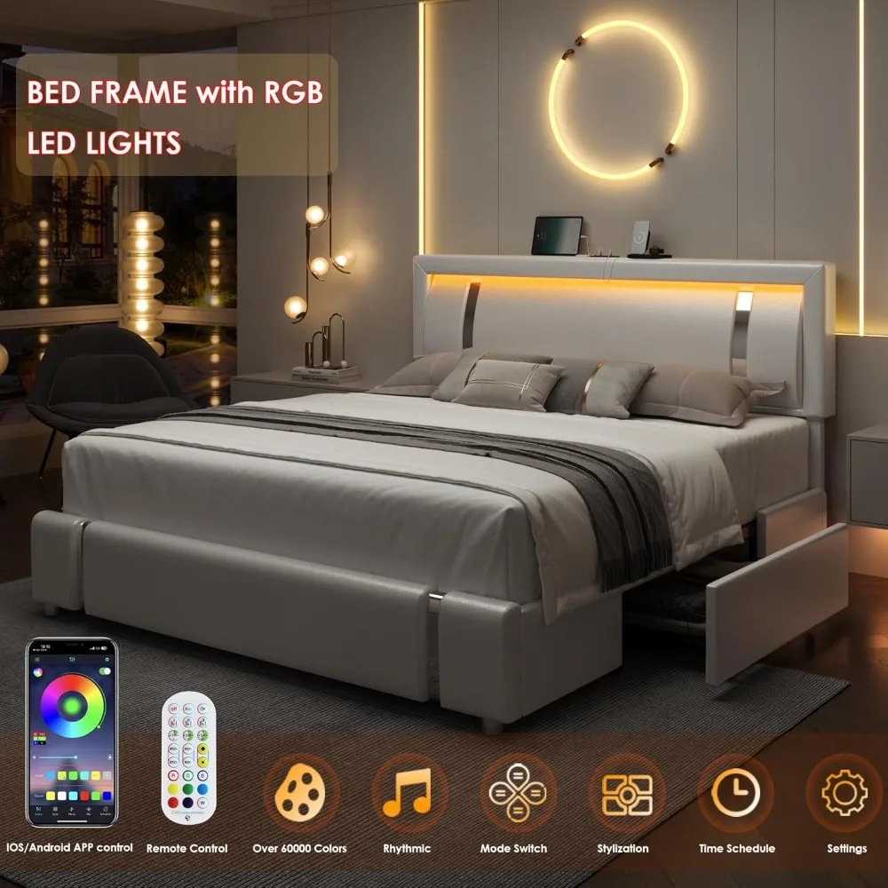 Rangka Tempat Tidur LED Ukuran Penuh dengan 2 Laci Penyimpanan, Platform Pintar Berlapis Kulit Imitasi Modern, Port Pengisian Daya USB USB-C