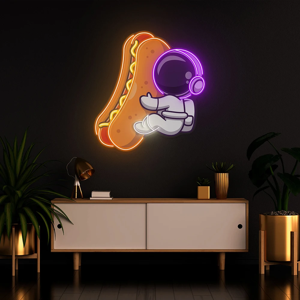 LED Neon Sign Astronaut with Hot Dog Neon Custom Restaurant Kitchen Wall Hanging Light Signs Fast Food Street Truck Decoration