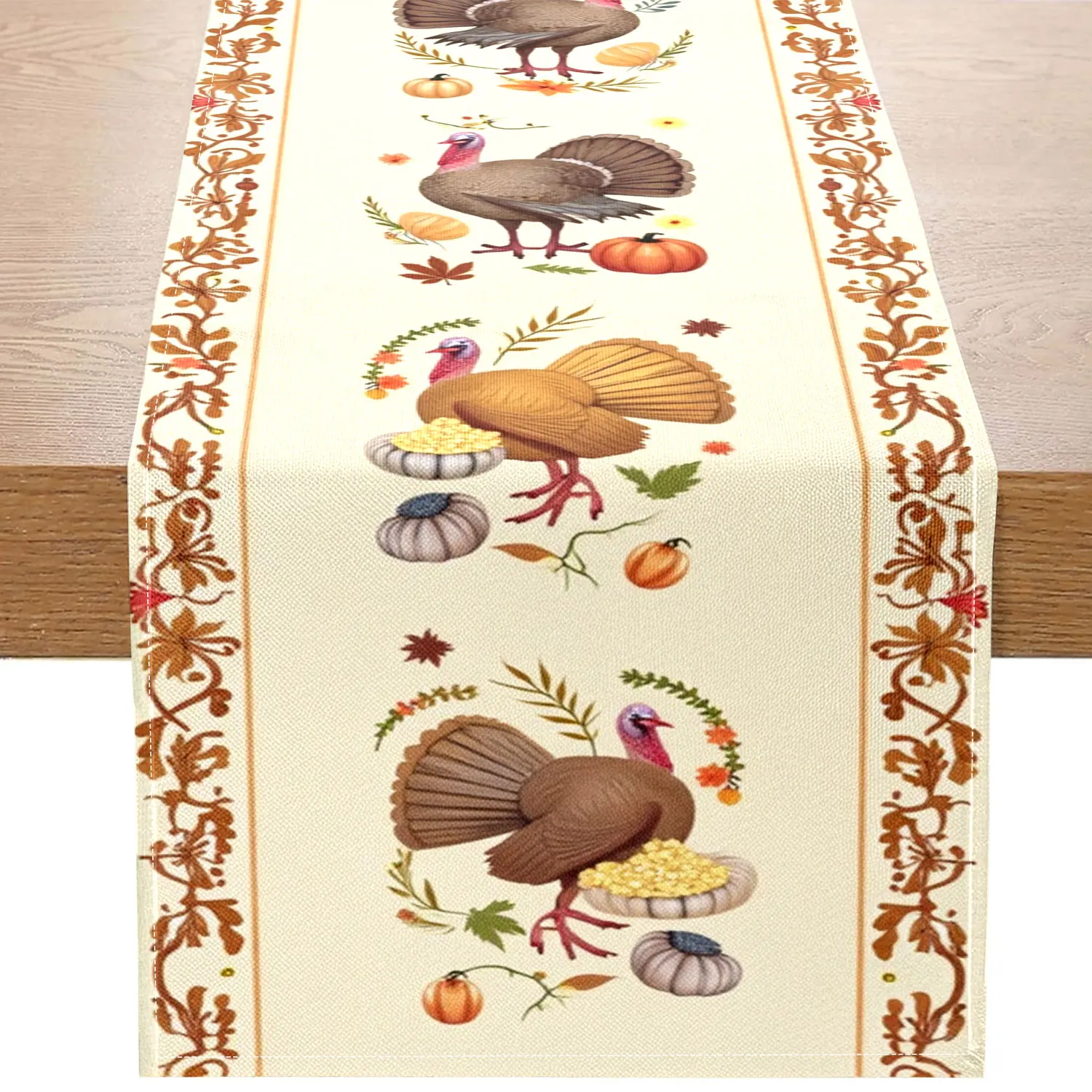 1 Piece Thanksgiving-Themed Table Runner, Featuring Turkey, Pumpkin, and Autumn Leaves Border Patterns, Suitable for Thanksgiving Family Gatherings and Holiday Decorations