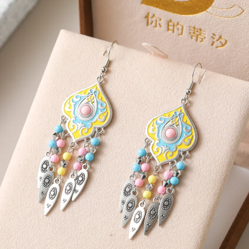 Ethnic Unique Pattern Geometric Charm Earrings for Women Creative Drop Oil Colorful Beads Metal Tassel Hanging Earrings Jewelry view 4
