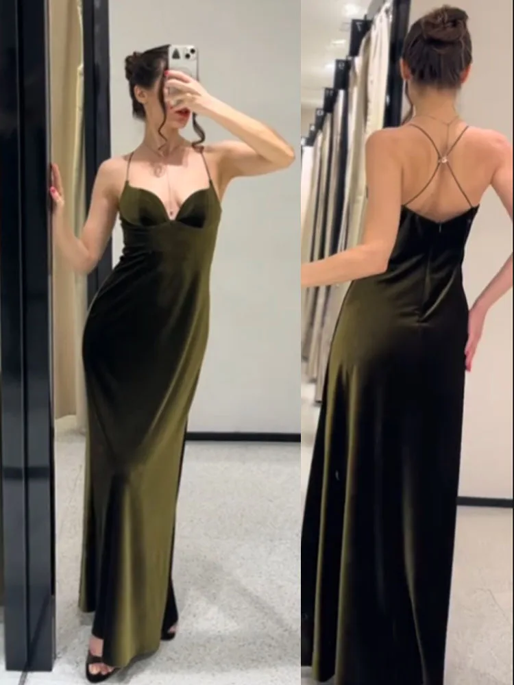 HH-vestido largo de terciopelo con tirantes para mujer, novedad de verano 2026, moda con cuello en V, Sexy, versátil, elegante, sin espalda, hasta el tobillo