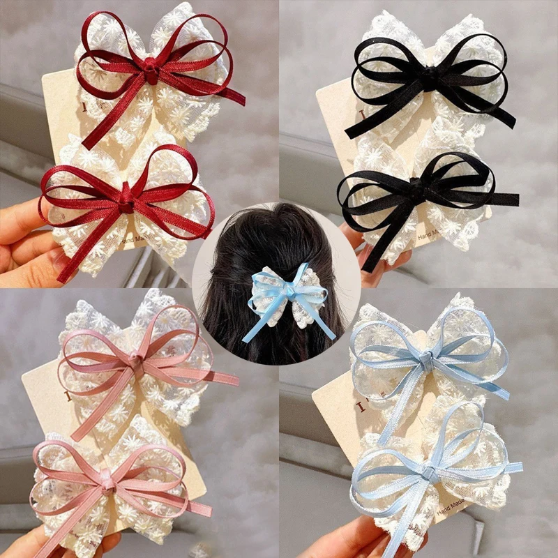 

Elegant Lace Bow Ribbon Hair Clip Floral Design Hairpins Women Korean Casual Handmade Barrettes Accessories Sweet Girls Headwear
