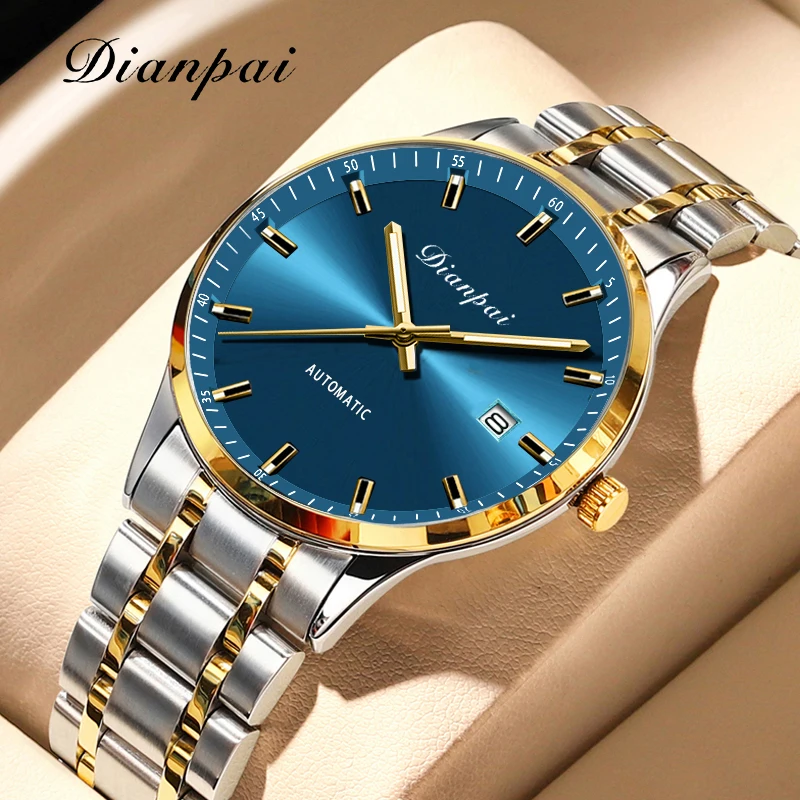 ساعة Dianpai الجديدة للرجال ميكانيكية أوتوماتيكية بالكامل بتقويم من الفولاذ المقاوم للصدأ للرجال مقاومة للماء باللون الأزرق المضيء #1