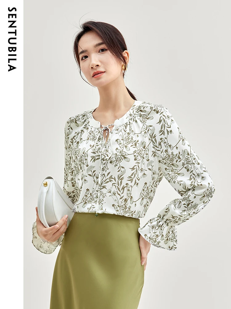 SENTUBILA Tie Round Neck Print Chiffon Blouse Tops for Women 2024 Elegant Loose Long Flare Sleeve Shirts & Blouses 133V51660