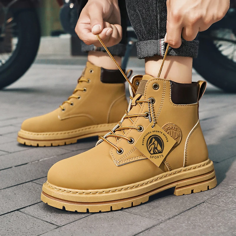 High Top Men Boots Fashion Green Motorcycle Ankle Boots Men Autumn Winter Male Work Boot Street Men's Shoes Lace-Up Botas Hombre