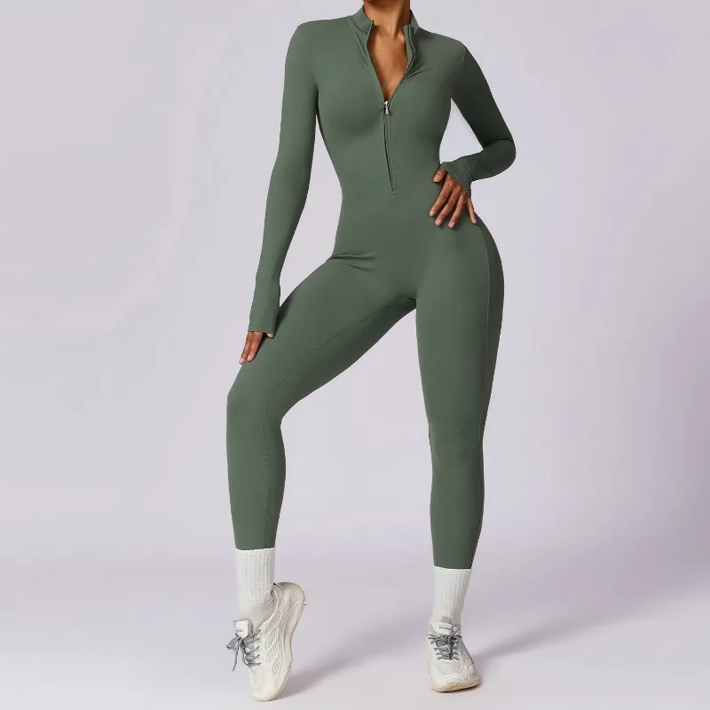 Macacão feminino de zíper de manga comprida, bodysuit fitness de alta intensidade, 2024