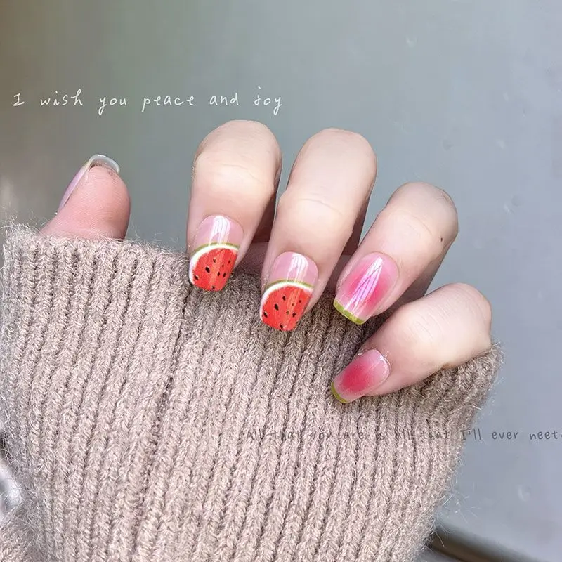 10 قطعة الأظافر وهمية الوردي الصيف مع الغراء لطيف البطيخ الصحافة الاصطناعية على الأظافر قصيرة اليدوية امرأة قابلة لإعادة الاستخدام الأظافر كاذبة نصائح