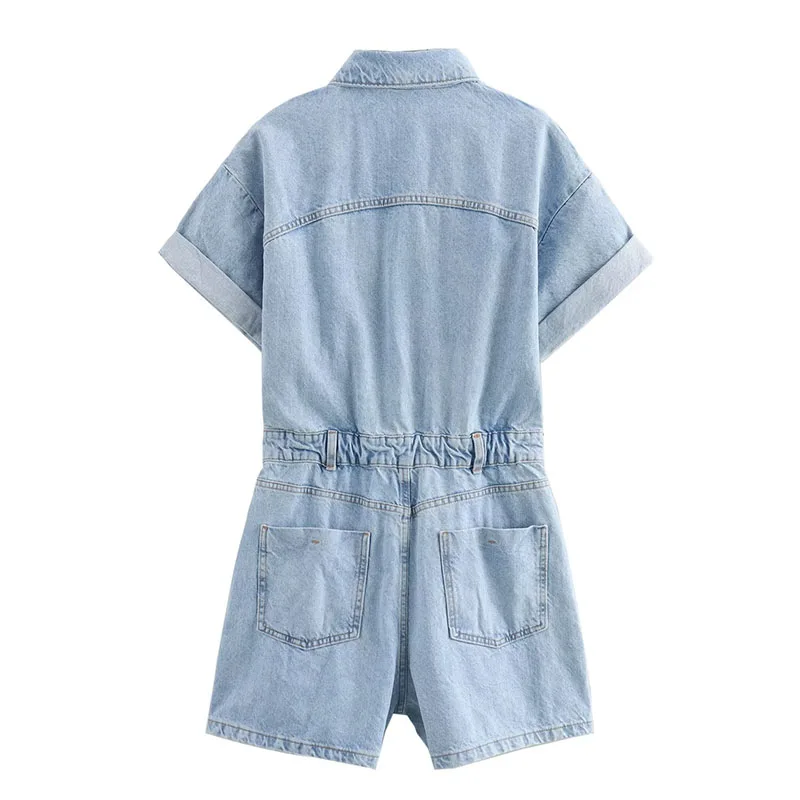 women\'s clothing 2024 spring new fashion denim short jumpsuit retro high waist zipper placket ladies jumpsuit Mujer