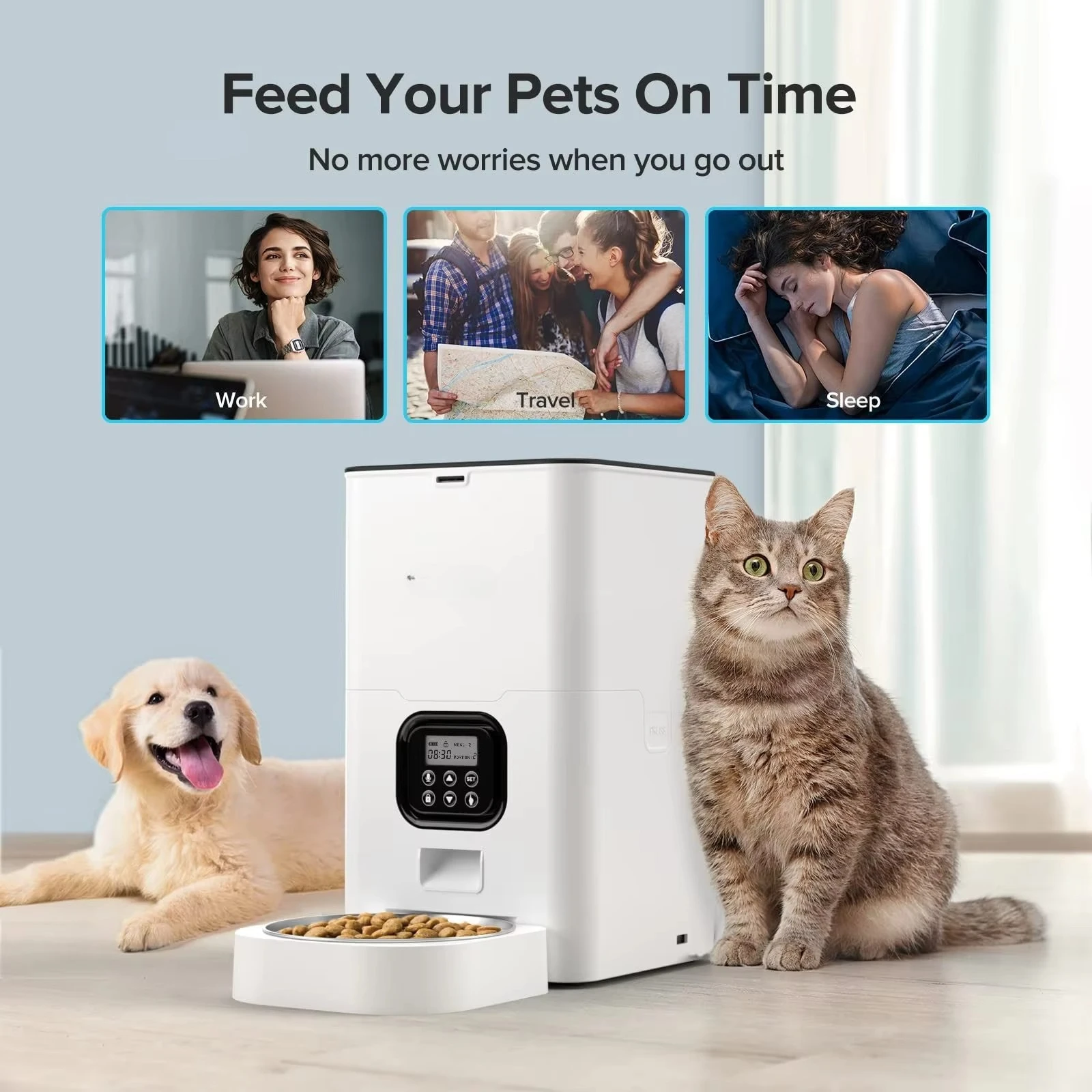 

3-in-1 Smart Automatic Pet Feeder LCD Display Stainless Steel Plastic Chargeable Portable Triangle Design for Cats Dogs