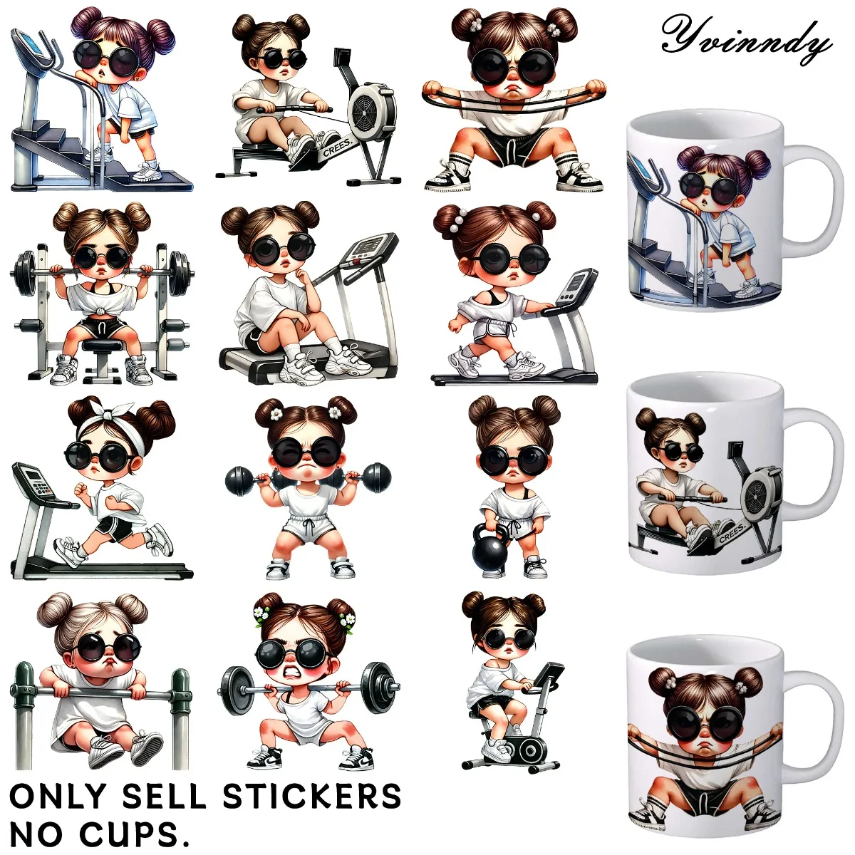 UV-DTF-Transferblätter, Mark-Cup-Wraps, 12-teilig, Muster für die Fitness-Obsessed-Frau, zufällige Designs, UV-DTF-Transferpapier