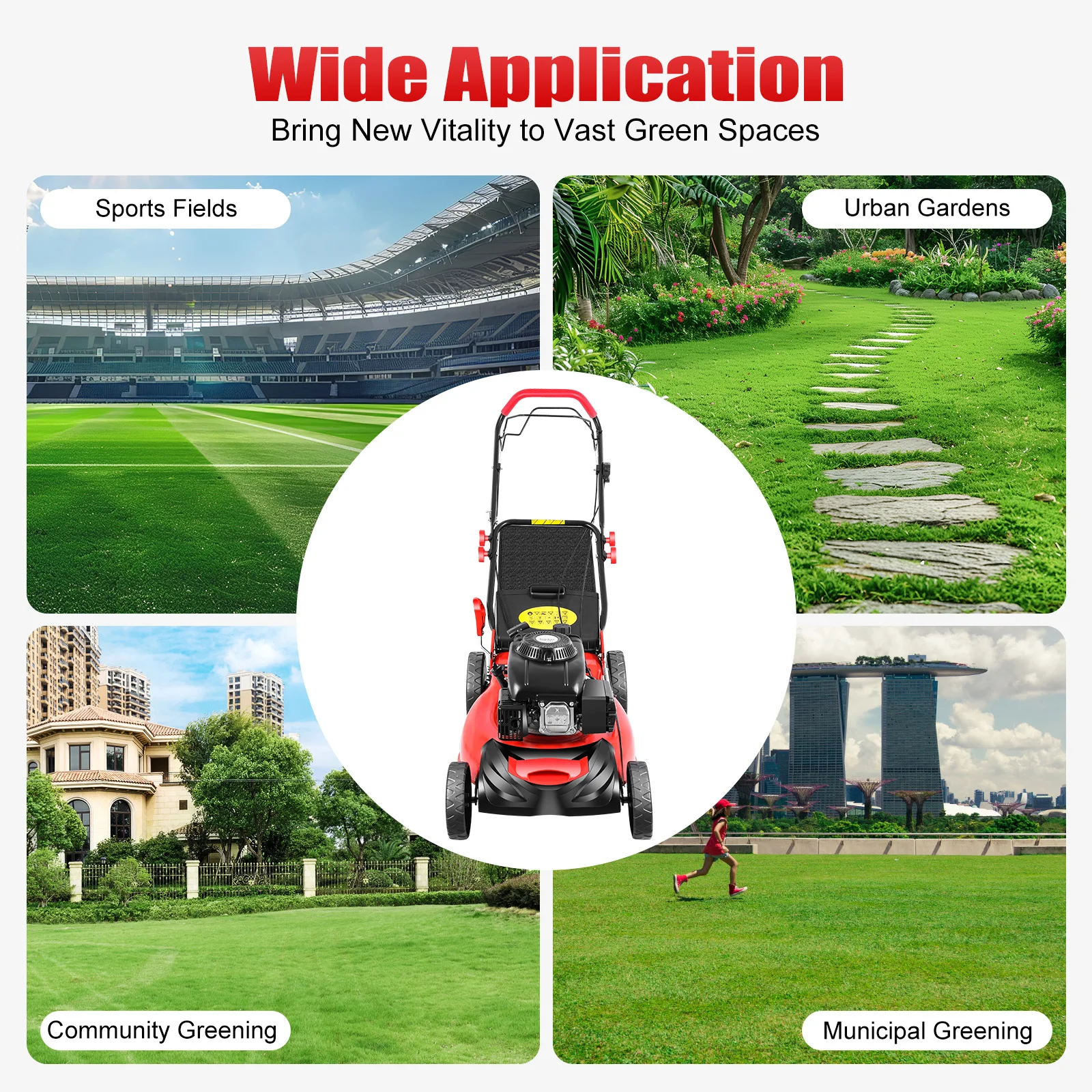 Self Propelled Gas Lawn Mower 5HP 140CC 4 Stroke 20 Inch Cutting Width 8 Height Adjustments 15.9Gal Grass Bag for Garden Yard