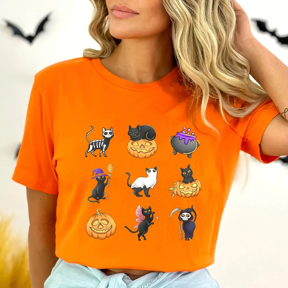 

Women's T Shirt Black Cat Halloween Printed Daily Blouse Tops Summer Classic Short Sleeve Spooky Season Female Harajuku Y2K Tee