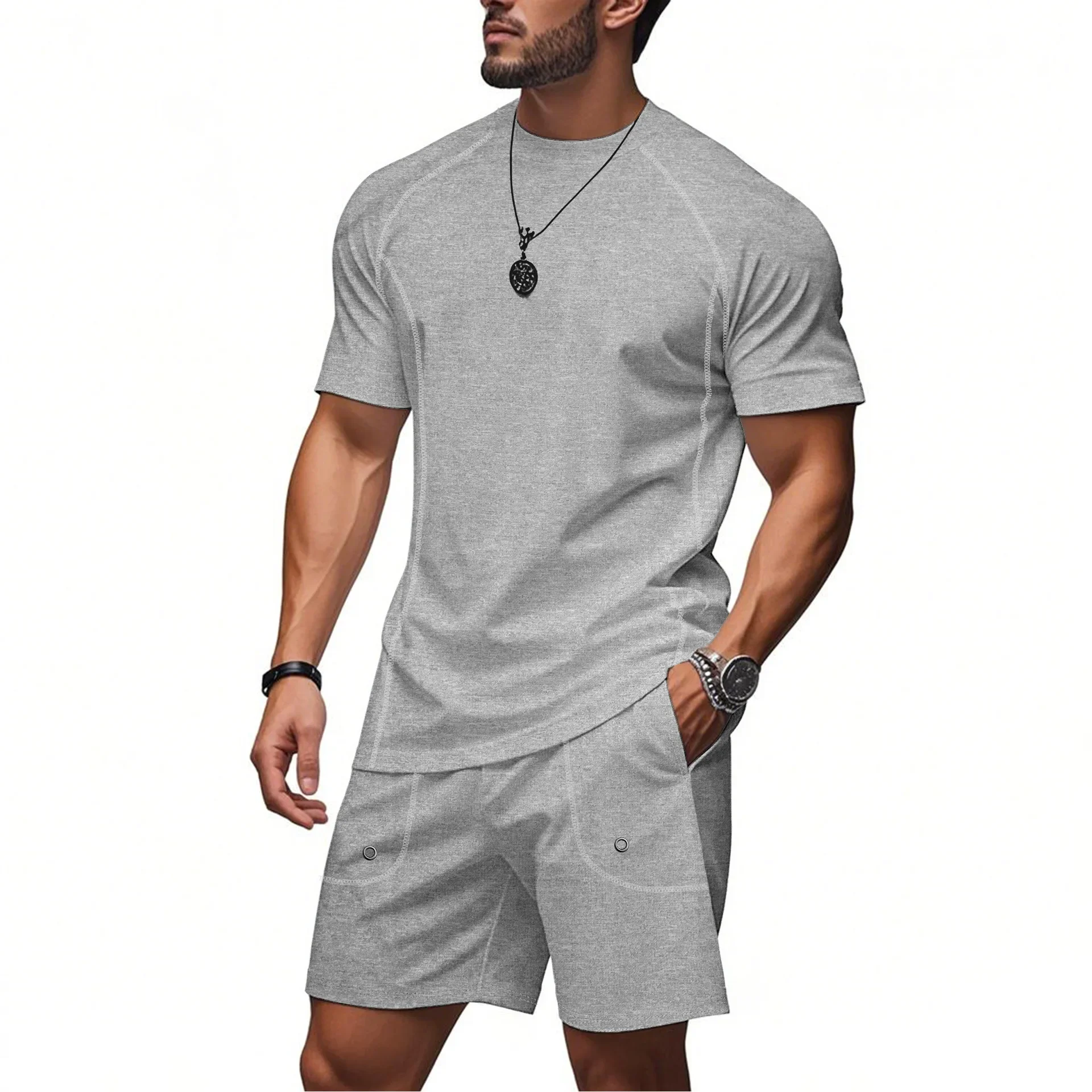 LIBIELIY Summer Fashion Men's Loose Casual Trendy Solid Color 2 Piece Sets O-neck Short Sleeve T-shirts Knee Length Shorts Male