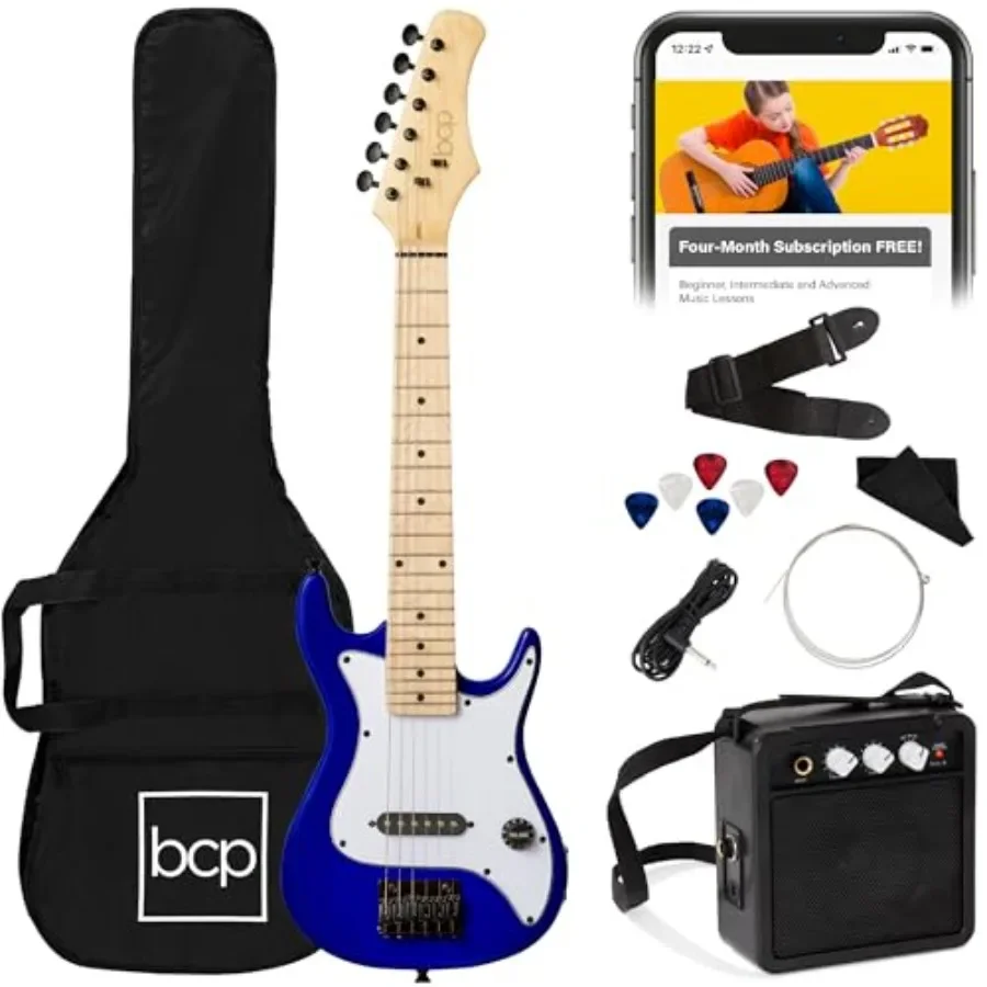 

electric guitar beginner starter kit for home practice, metallic blue ABS body, includes 5W amplifier, strap, gig bag, strings,