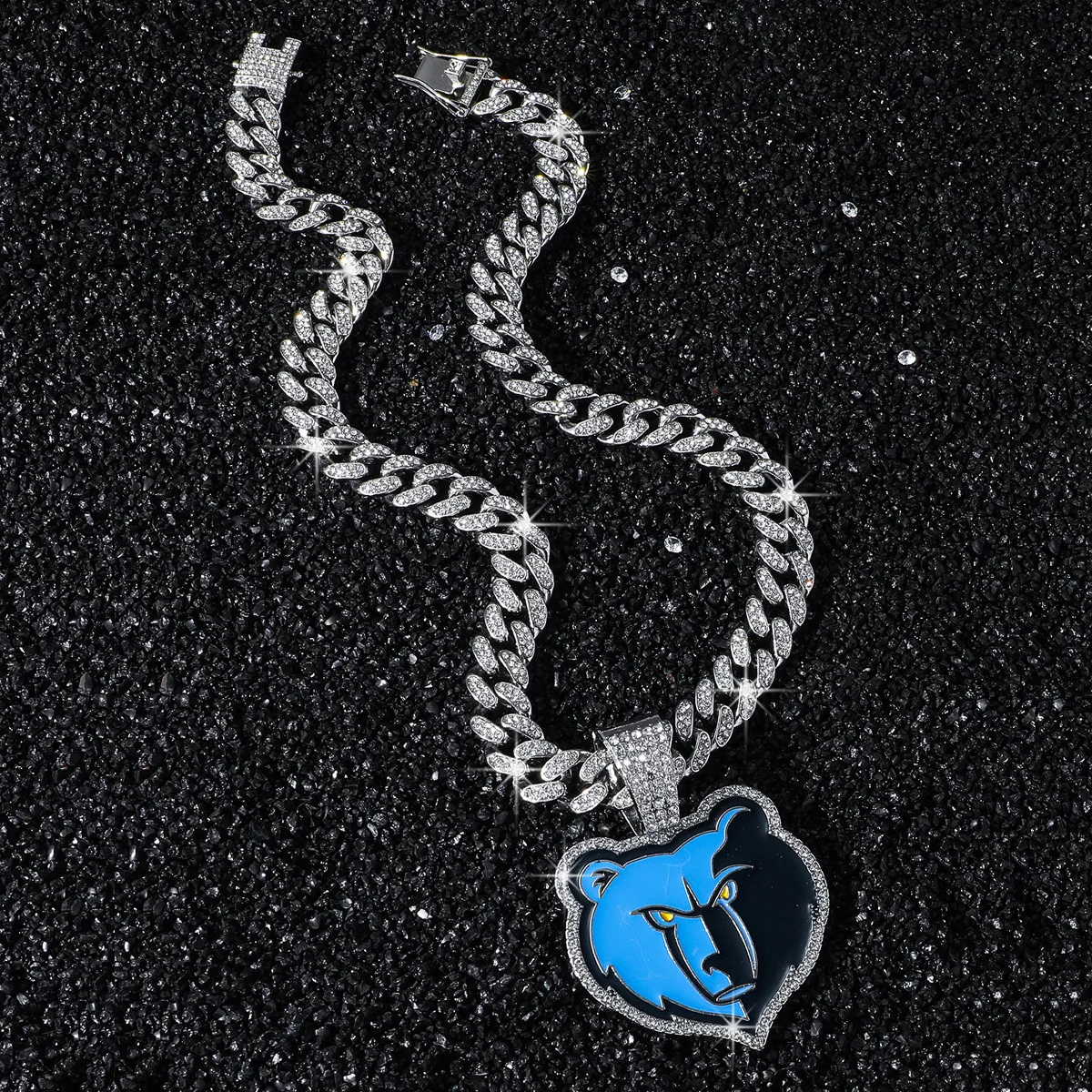 Men's Hip-Hop Personality Fashion Animal Bear Basketball Team Logo Pendant Necklace Ice Chain