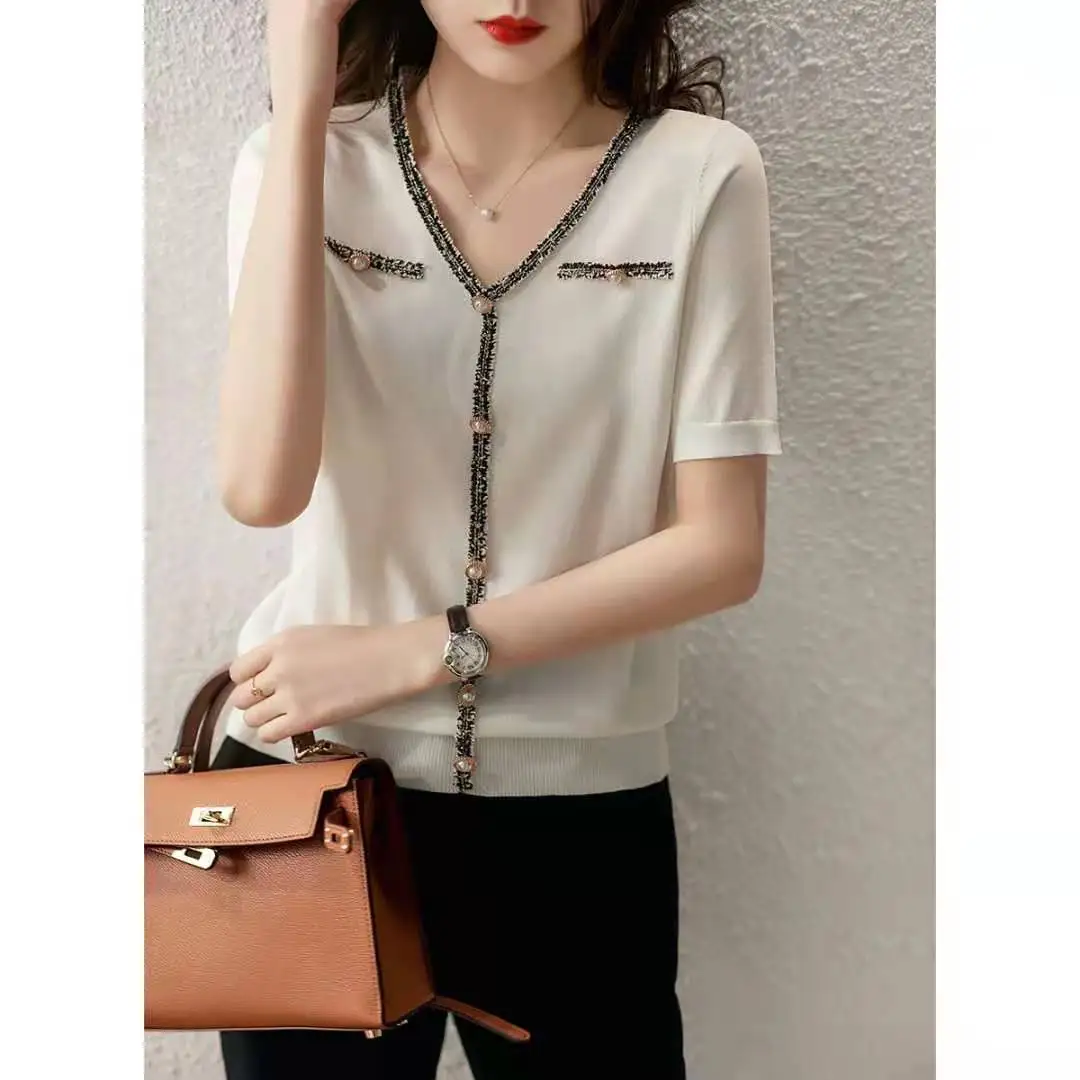 2023 New Tweed Splicing Pearl Buckle V-Neck Women Pullovers Knitting Ladies T-Shirts Elastic Casual Cotton Wool Sweater Tops